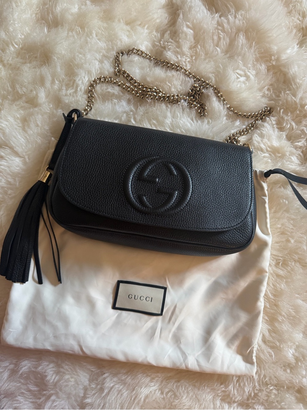 Gucci Black Pebbled Leather Crossbody with Gold Chain